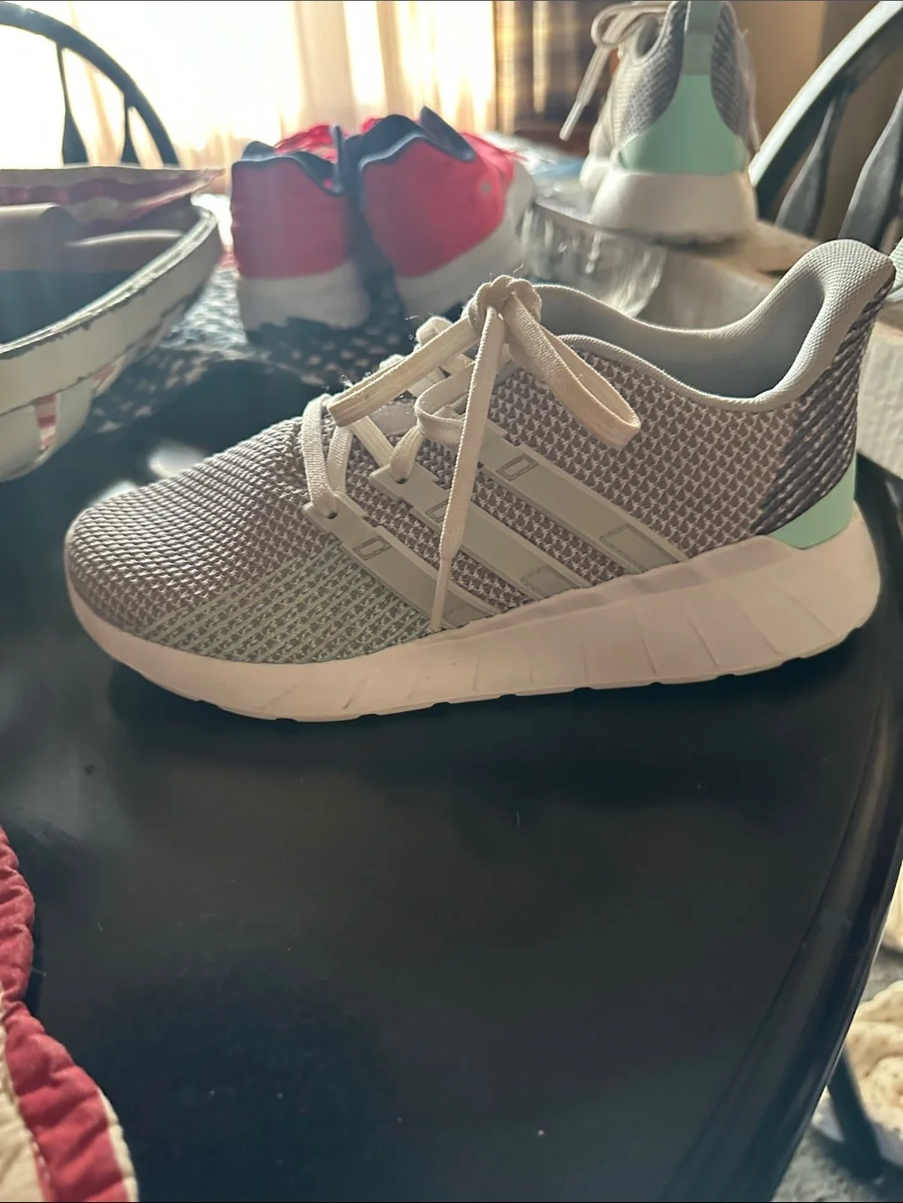 adidas Light Gray Mesh Athletic Shoes with Mint Accent